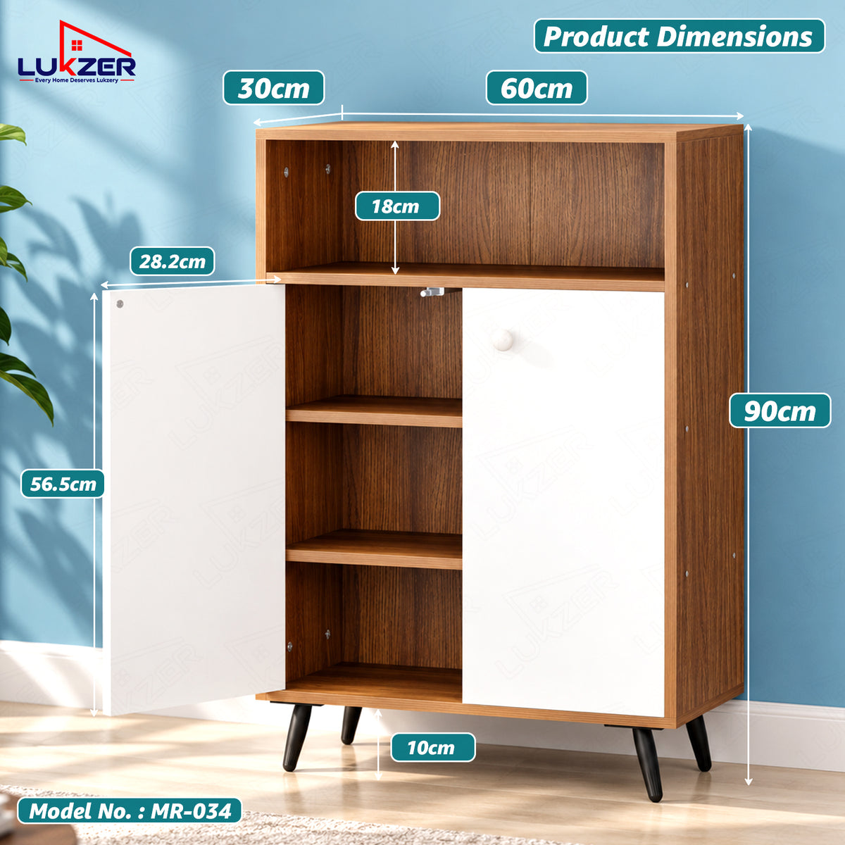 Lukzer Wooden Book Shelf & Storage Cabinet with White Doors (MR-034/Oak Brown)