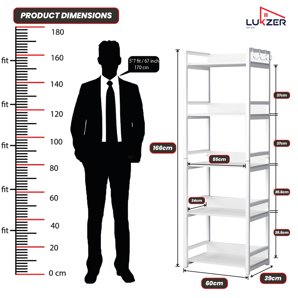 Lukzer 5-Tier Multipurpose Metal & Wood Kitchen Storage Rack (MKR-005/White & White)