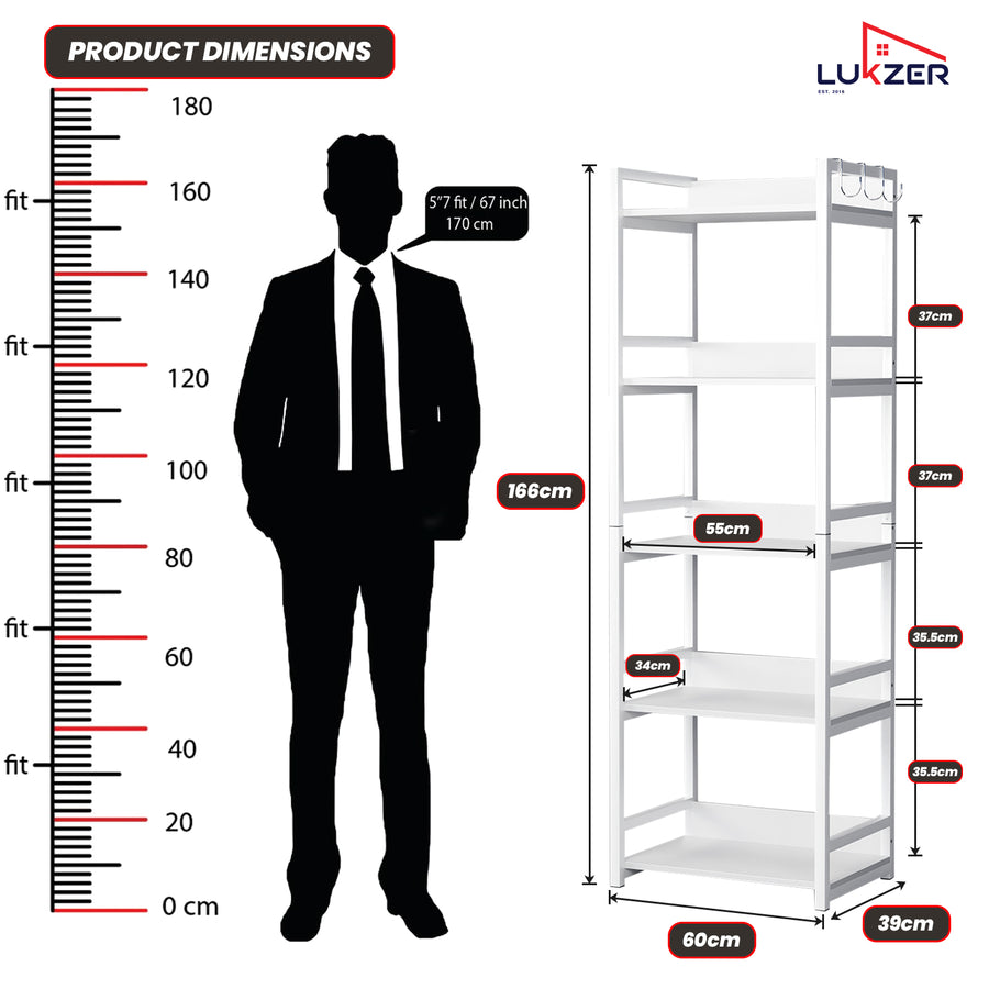 Lukzer 5-Tier Multipurpose Metal & Wood Kitchen Storage Rack (MKR-005/White & White)
