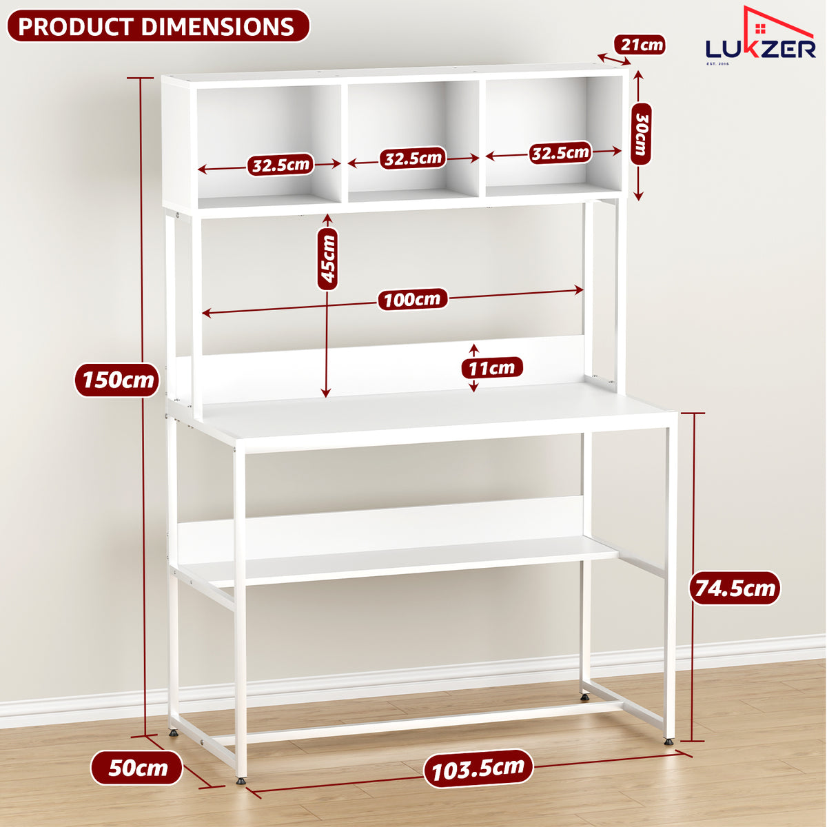 Lukzer Wooden & Metal Study Desk with 3 Storage Shelf & Open Bookshelf for Home (MST-011/White & White)