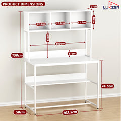 Lukzer Wooden & Metal Study Desk with 3 Storage Shelf & Open Bookshelf for Home (MST-011/White & White)