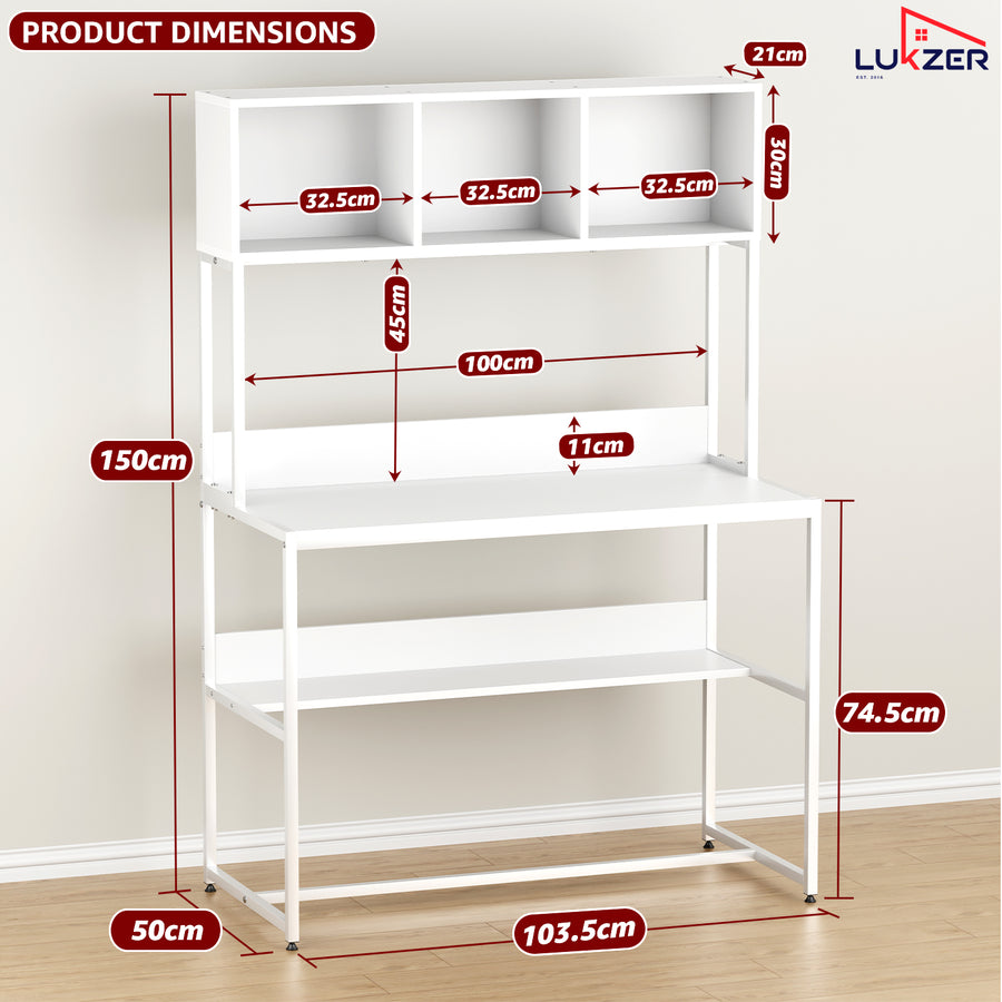 Lukzer Wooden & Metal Study Desk with 3 Storage Shelf & Open Bookshelf for Home (MST-011/White & White)
