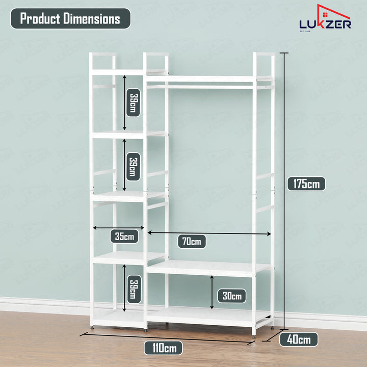 Lukzer Heavy Duty Garment Rack with 8 Shelves & Hanging Rod (MMR-004/White & White)