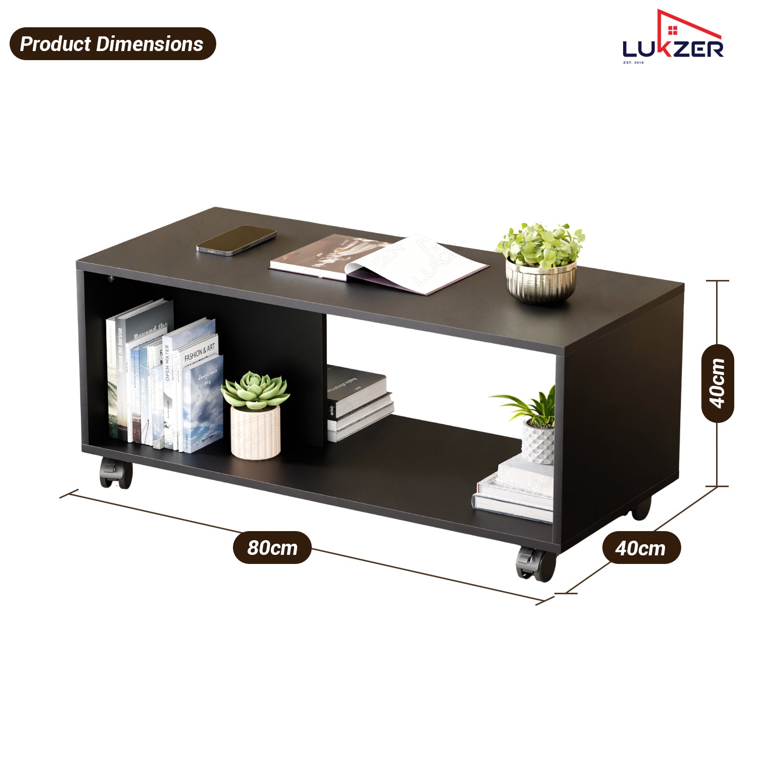 Lukzer Engineered Wood Center Table with Wheels Open Storage Desk (CT-003/Black)
