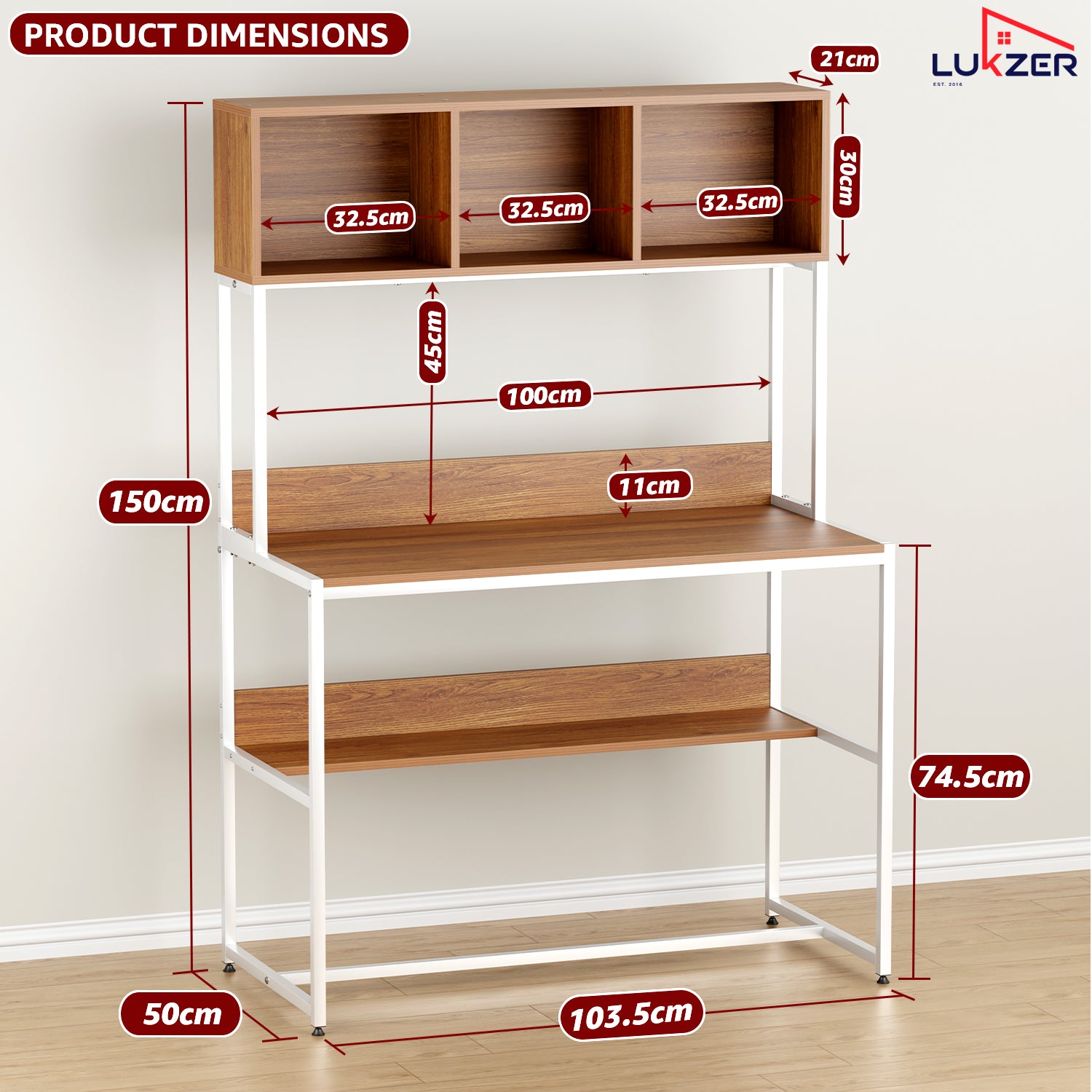 Lukzer Wooden & Metal Study Desk with 3 Storage Shelf & Open Bookshelf for Home (MST-011/White & Oak Brown)