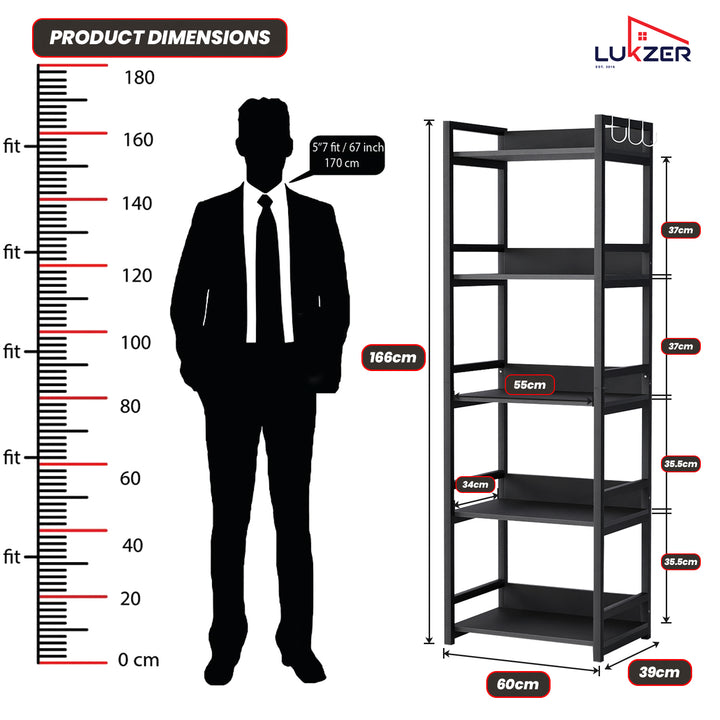 Lukzer 5-Tier Multipurpose Metal & Wood Kitchen Storage Rack (MKR-005/Black & Black)