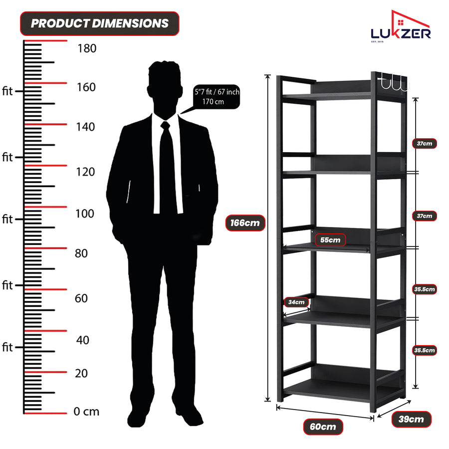 Lukzer 5-Tier Multipurpose Metal & Wood Kitchen Storage Rack (MKR-005/Black & Black)
