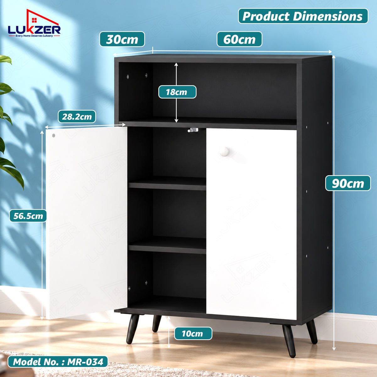 Lukzer Wooden Book Shelf & Storage Cabinet with White Doors (MR-034/Black)