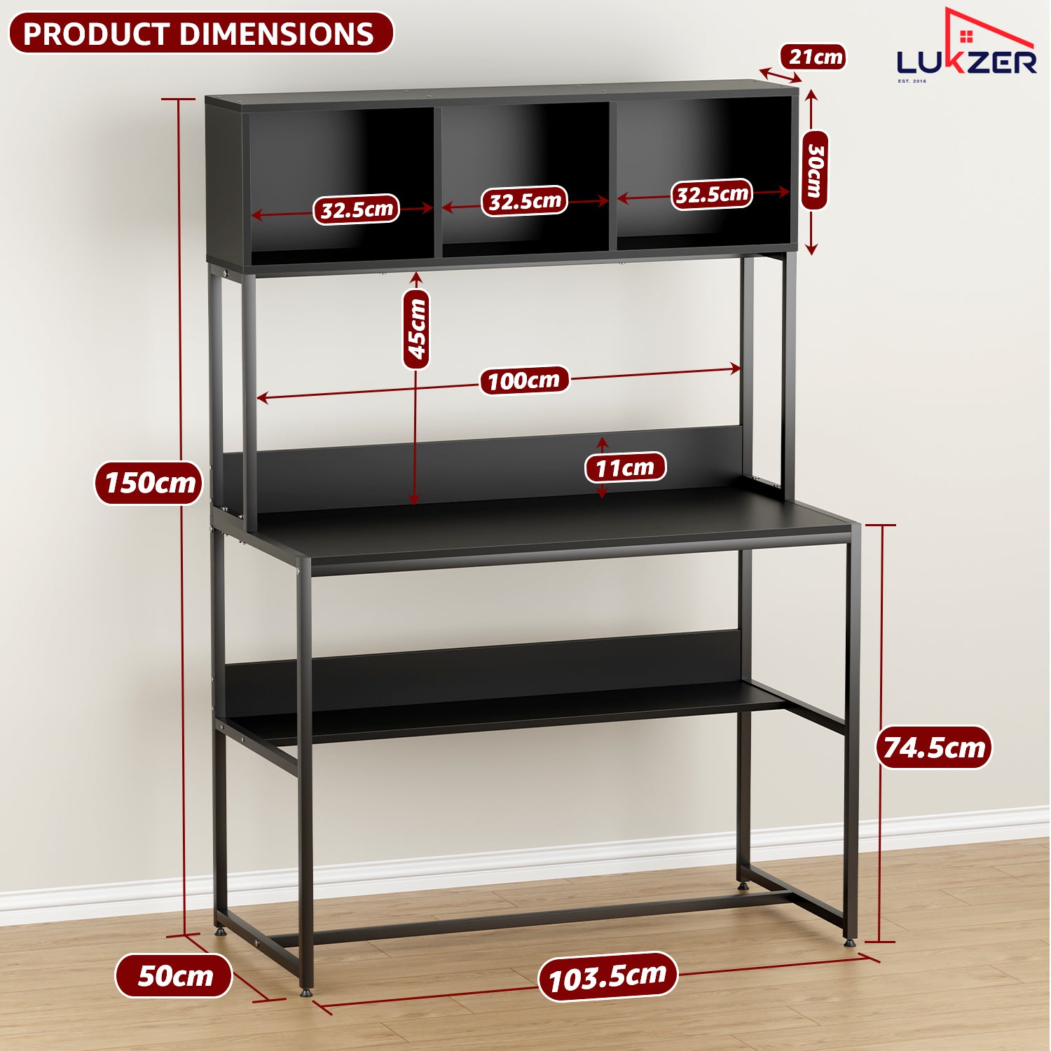 Lukzer Wooden & Metal Study Desk with 3 Storage Shelf & Open Bookshelf for Home (MST-011/Black & Black)