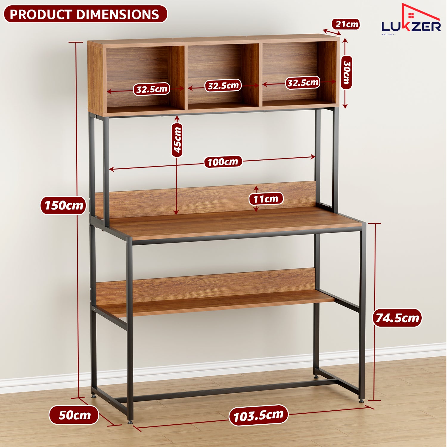 Lukzer Wooden & Metal Study Desk with 3 Storage Shelf & Open Bookshelf for Home (MST-011/Black & Oak Brown)