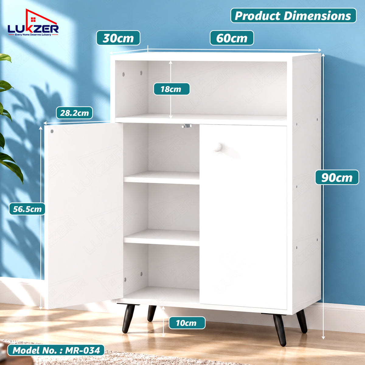 Lukzer Wooden Book Shelf & Storage Cabinet with White Doors (MR-034/White)