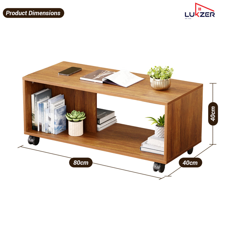 Lukzer Engineered Wood Center Table with Wheels Open Storage Desk (CT-003/Oak Brown)
