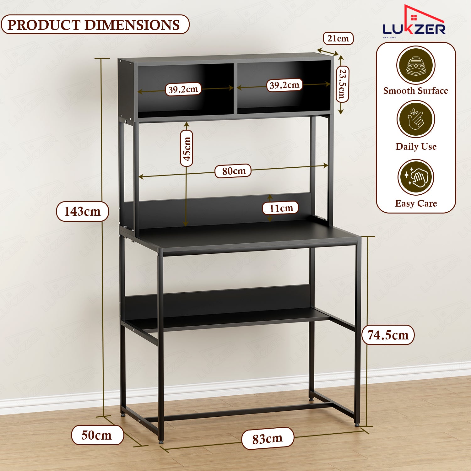 Lukzer Modern Study Table with Open Bookshelf & Hutch (MST-010/Black & Black)