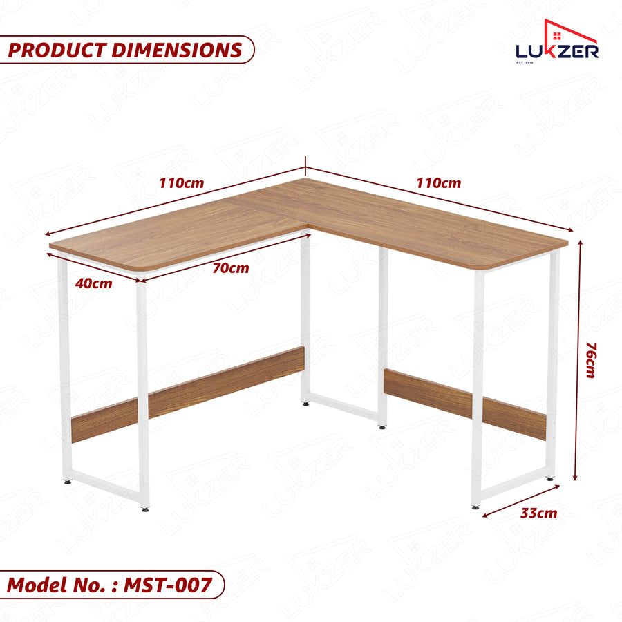 Lukzer Engineered Wood L-Shaped Corner Study and Computer Table for Home or Office (MST-007) white & Oak Brown