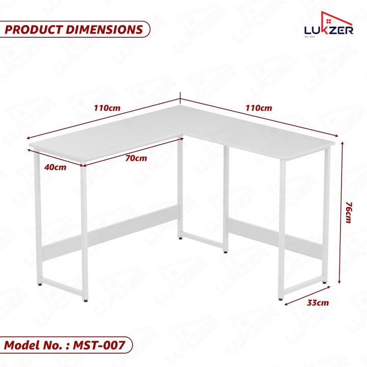 Lukzer Engineered Wood L-Shaped Corner Study and Computer Table for Home or Office (MST-007) white & white