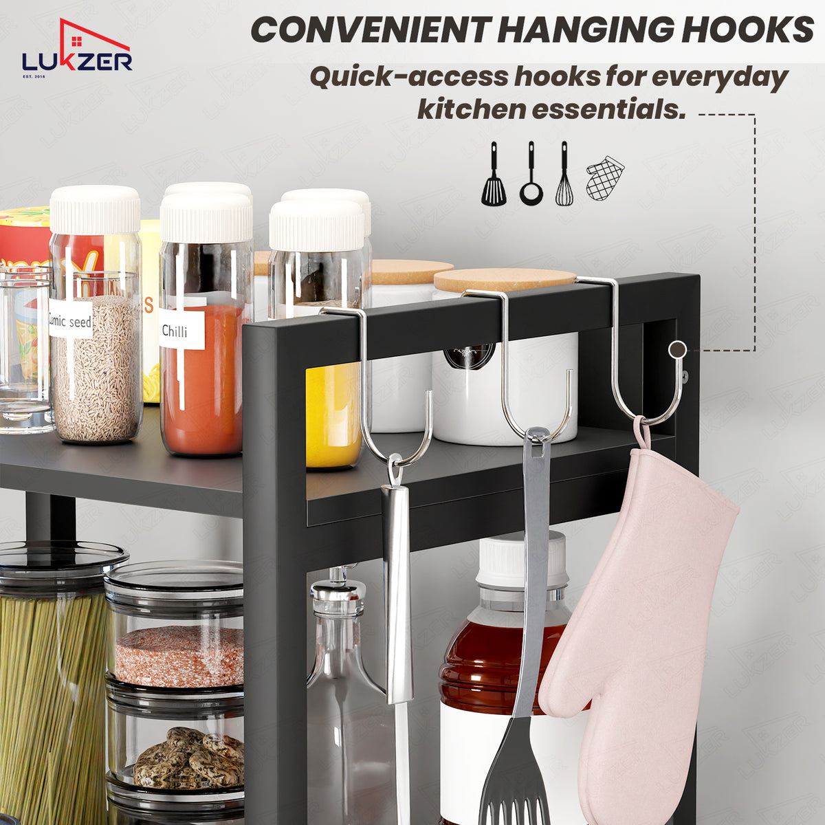 Lukzer 5-Tier Multipurpose Metal & Wood Kitchen Storage Rack (MKR-005/Black & Black)