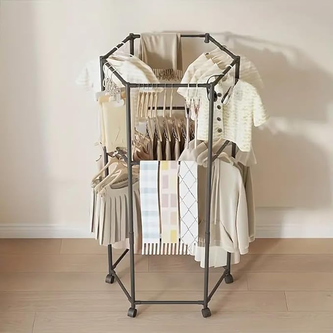 360° Rotating Hexagonal Clothes Drying Rack | Double Layer Metal Floor-Standing Coat Hanger with Wheels | Freestanding Storage Organizer for Bedroom, Balcony & Dorm – (White/Black)