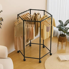 360° Rotating Hexagonal Clothes Drying Rack | Double Layer Metal Floor-Standing Coat Hanger with Wheels | Freestanding Storage Organizer for Bedroom, Balcony & Dorm – (White/Black)
