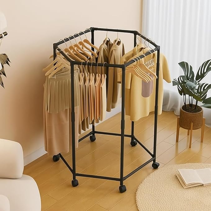 360° Rotating Hexagonal Clothes Drying Rack | Double Layer Metal Floor-Standing Coat Hanger with Wheels | Freestanding Storage Organizer for Bedroom, Balcony & Dorm – (White/Black)