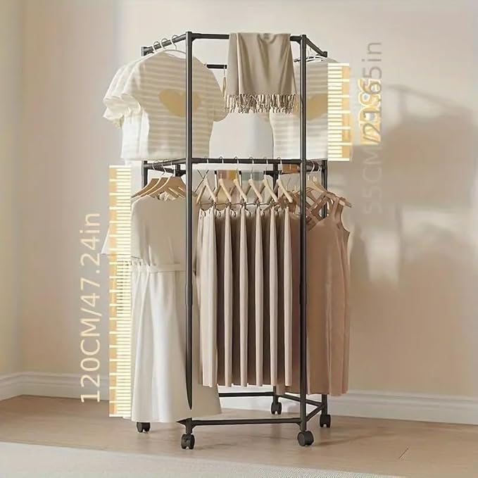360° Rotating Hexagonal Clothes Drying Rack | Double Layer Metal Floor-Standing Coat Hanger with Wheels | Freestanding Storage Organizer for Bedroom, Balcony &amp; Dorm – (White/Black)