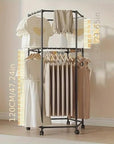 360° Rotating Hexagonal Clothes Drying Rack | Double Layer Metal Floor-Standing Coat Hanger with Wheels | Freestanding Storage Organizer for Bedroom, Balcony & Dorm – (White/Black)