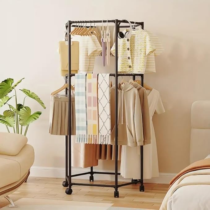 360° Rotating Hexagonal Clothes Drying Rack | Double Layer Metal Floor-Standing Coat Hanger with Wheels | Freestanding Storage Organizer for Bedroom, Balcony &amp; Dorm – (White/Black)