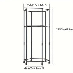 360° Rotating Hexagonal Clothes Drying Rack | Double Layer Metal Floor-Standing Coat Hanger with Wheels | Freestanding Storage Organizer for Bedroom, Balcony & Dorm – (White/Black)