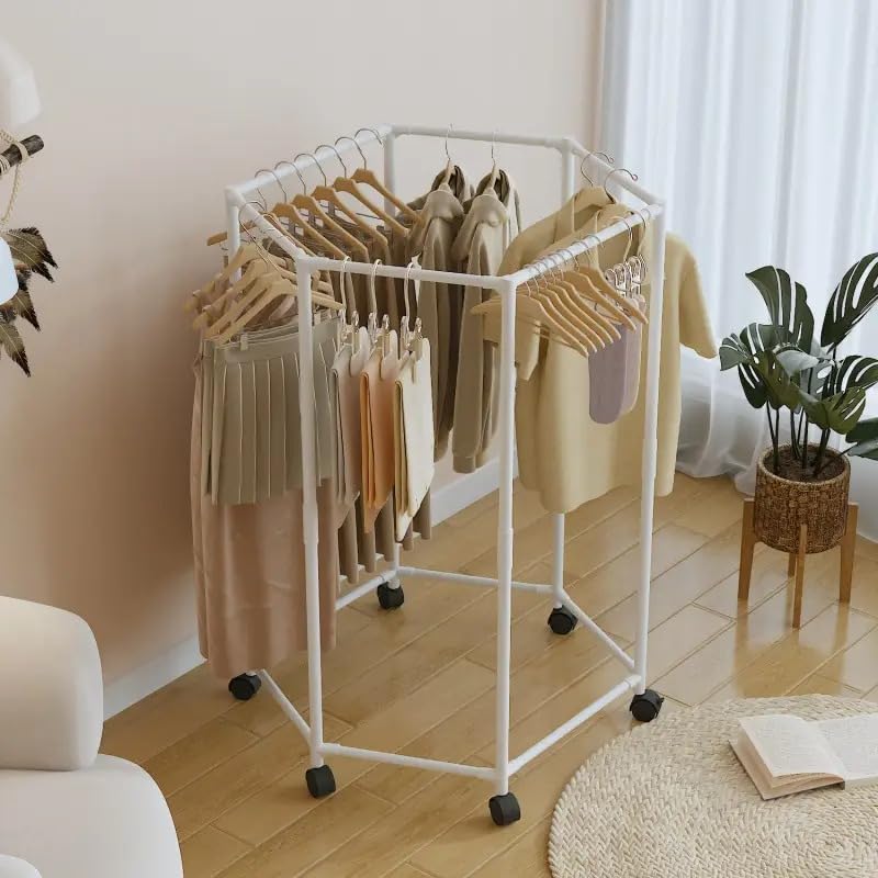 360° Rotating Hexagonal Clothes Drying Rack | Double Layer Metal Floor-Standing Coat Hanger with Wheels | Freestanding Storage Organizer for Bedroom, Balcony & Dorm – (White/Black)