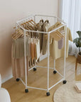 360° Rotating Hexagonal Clothes Drying Rack | Double Layer Metal Floor-Standing Coat Hanger with Wheels | Freestanding Storage Organizer for Bedroom, Balcony & Dorm – (White/Black)