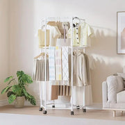 360° Rotating Hexagonal Clothes Drying Rack | Double Layer Metal Floor-Standing Coat Hanger with Wheels | Freestanding Storage Organizer for Bedroom, Balcony & Dorm – (White/Black)