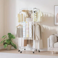 360° Rotating Hexagonal Clothes Drying Rack | Double Layer Metal Floor-Standing Coat Hanger with Wheels | Freestanding Storage Organizer for Bedroom, Balcony & Dorm – (White/Black)