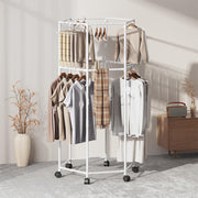 360° Rotating Hexagonal Clothes Drying Rack | Double Layer Metal Floor-Standing Coat Hanger with Wheels | Freestanding Storage Organizer for Bedroom, Balcony & Dorm – (White/Black)