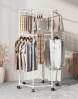 360° Rotating Hexagonal Clothes Drying Rack | Double Layer Metal Floor-Standing Coat Hanger with Wheels | Freestanding Storage Organizer for Bedroom, Balcony & Dorm – (White/Black)