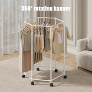 360° Rotating Hexagonal Clothes Drying Rack | Double Layer Metal Floor-Standing Coat Hanger with Wheels | Freestanding Storage Organizer for Bedroom, Balcony & Dorm – (White/Black)