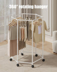 360° Rotating Hexagonal Clothes Drying Rack | Double Layer Metal Floor-Standing Coat Hanger with Wheels | Freestanding Storage Organizer for Bedroom, Balcony & Dorm – (White/Black)