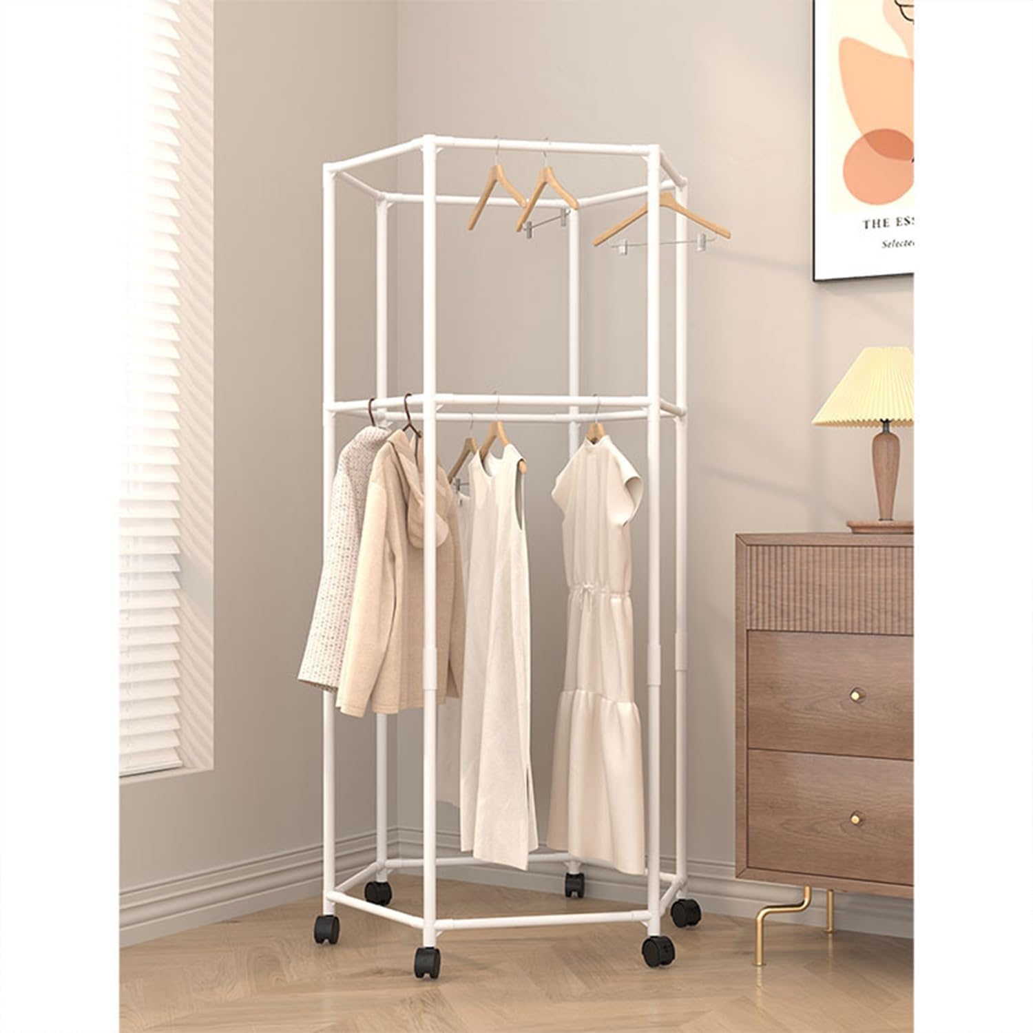 360° Rotating Hexagonal Clothes Drying Rack | Double Layer Metal Floor-Standing Coat Hanger with Wheels | Freestanding Storage Organizer for Bedroom, Balcony & Dorm – (White/Black)