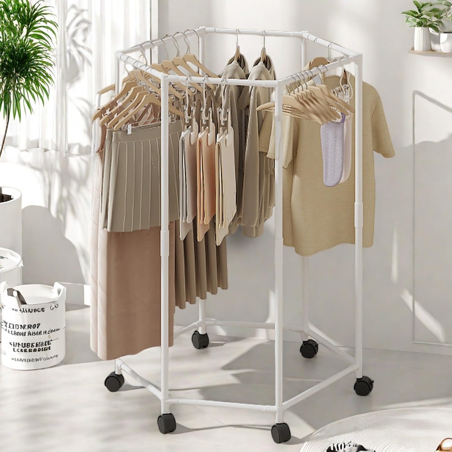 360° Rotating Hexagonal Clothes Drying Rack | Double Layer Metal Floor-Standing Coat Hanger with Wheels | Freestanding Storage Organizer for Bedroom, Balcony & Dorm – (White/Black)