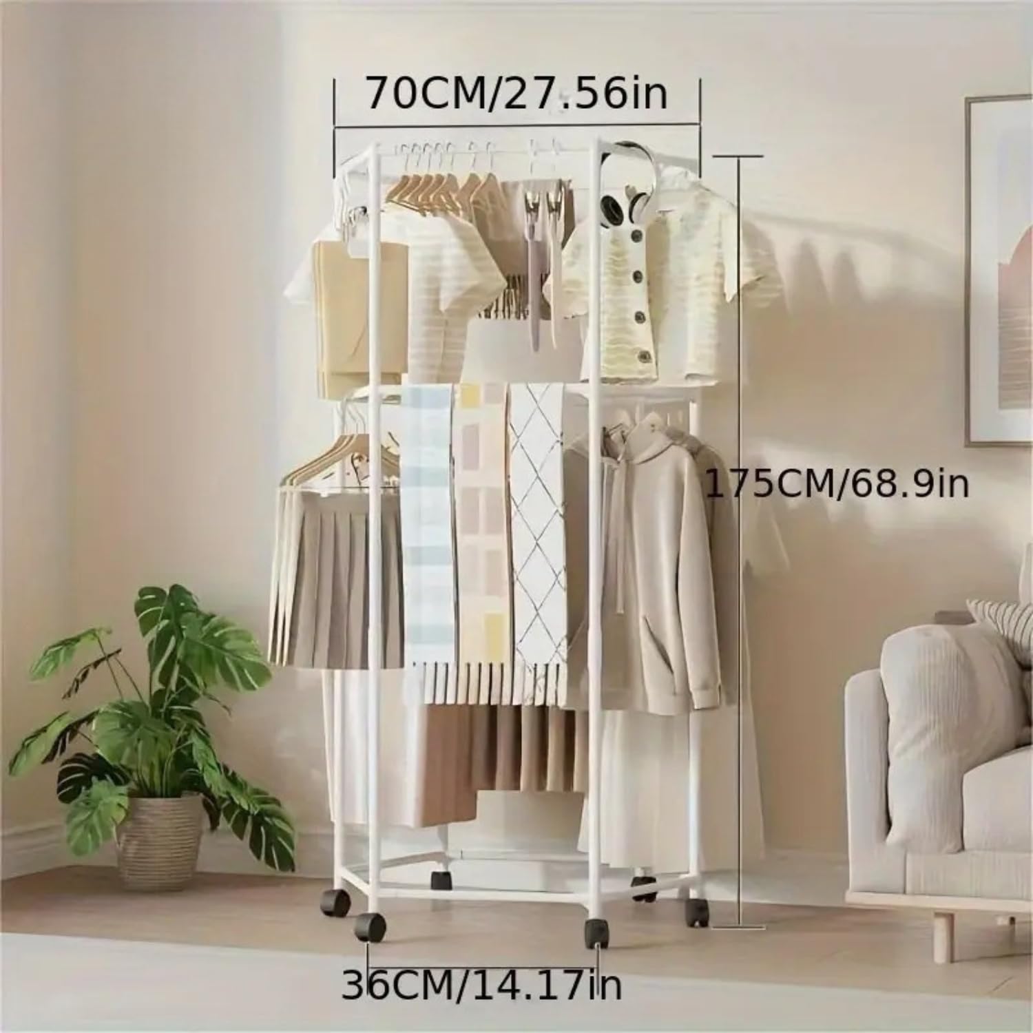 360° Rotating Hexagonal Clothes Drying Rack | Double Layer Metal Floor-Standing Coat Hanger with Wheels | Freestanding Storage Organizer for Bedroom, Balcony & Dorm – (White/Black)