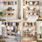 Lukzer Wooden & Metal Study Desk with 3 Storage Shelf & Open Bookshelf for Home (MST-011/White & Oak Brown)