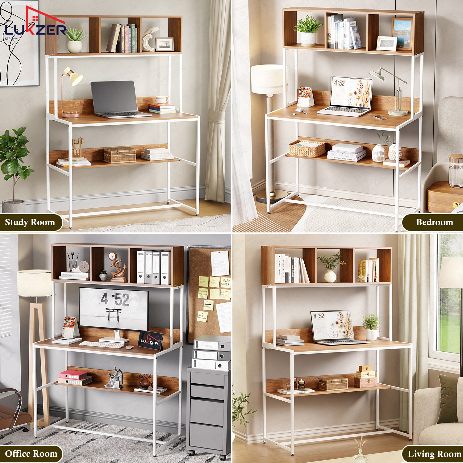 Lukzer Wooden & Metal Study Desk with 3 Storage Shelf & Open Bookshelf for Home (MST-011/White & Oak Brown)