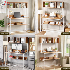 Lukzer Wooden & Metal Study Desk with 3 Storage Shelf & Open Bookshelf for Home (MST-011/White & Oak Brown)