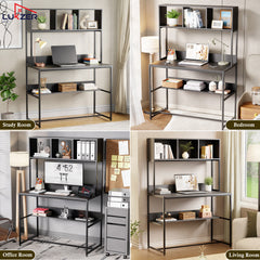 Lukzer Wooden & Metal Study Desk with 3 Storage Shelf & Open Bookshelf for Home (MST-011/Black & Black)