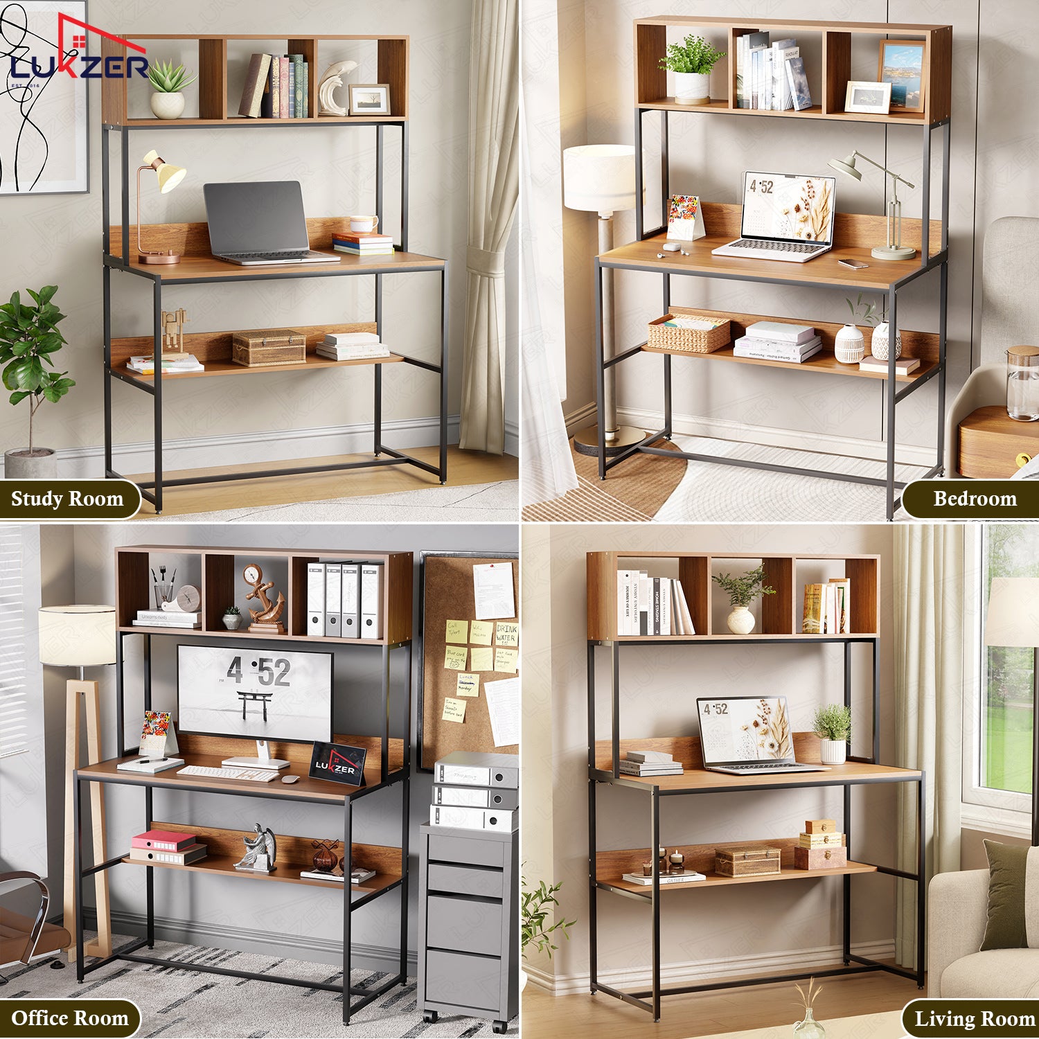Lukzer Wooden & Metal Study Desk with 3 Storage Shelf & Open Bookshelf for Home (MST-011/Black & Oak Brown)