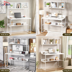 Lukzer Wooden & Metal Study Desk with 3 Storage Shelf & Open Bookshelf for Home (MST-011/White & White)