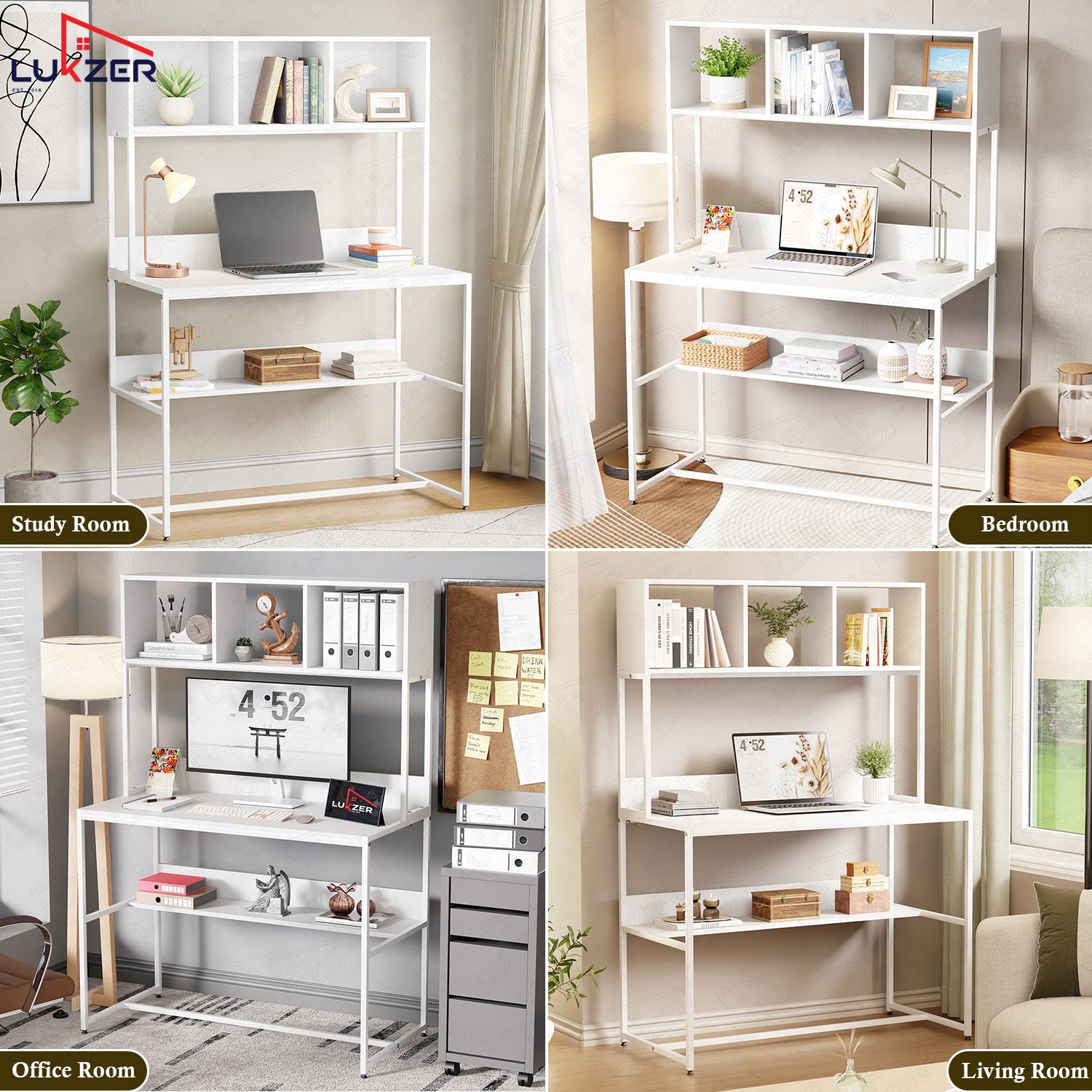 Lukzer Wooden & Metal Study Desk with 3 Storage Shelf & Open Bookshelf for Home (MST-011/White & White)
