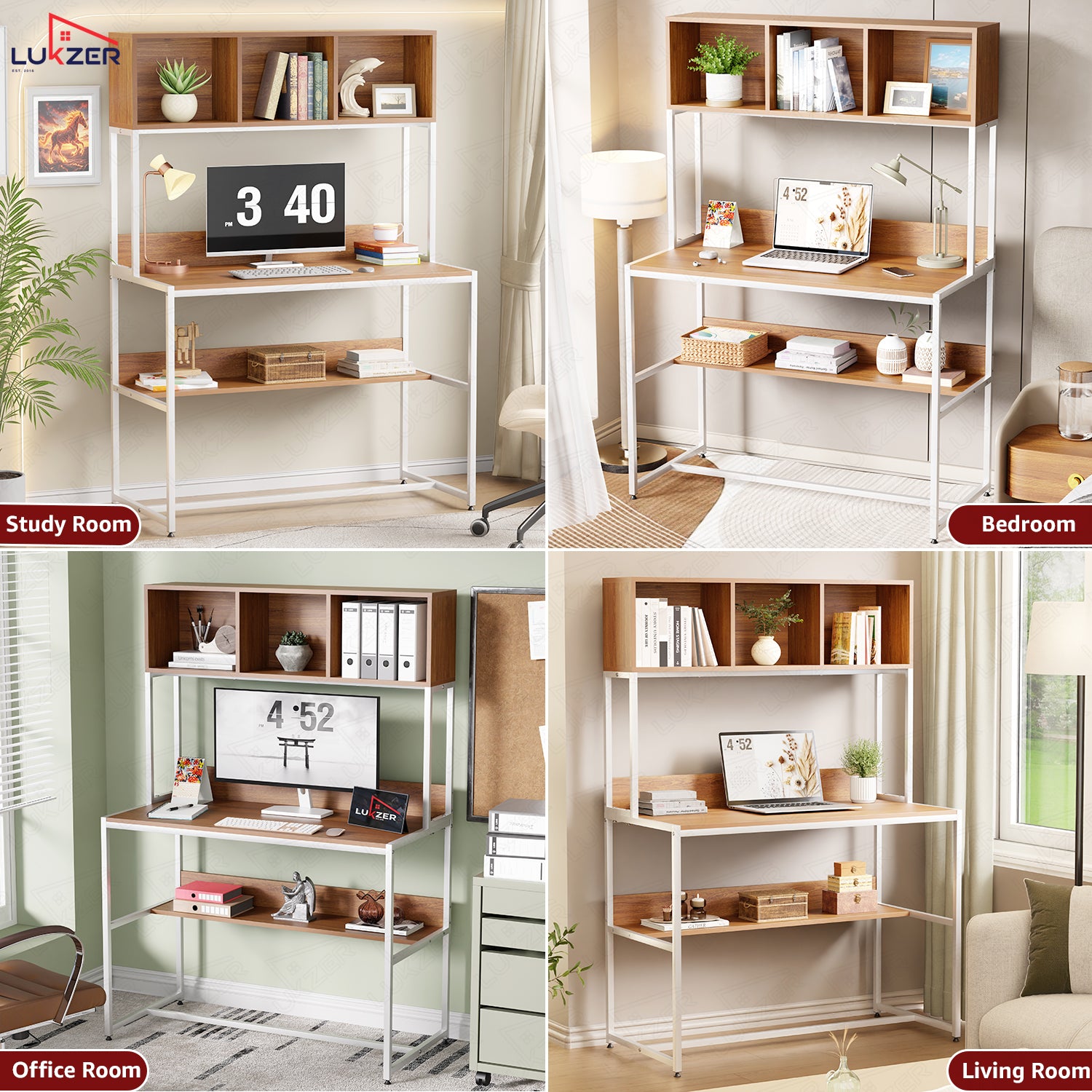 Lukzer Wooden & Metal Study Desk with 3 Storage Shelf & Open Bookshelf for Home (MST-011/White & Oak Brown)