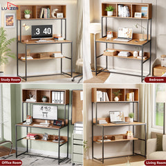 Lukzer Wooden & Metal Study Desk with 3 Storage Shelf & Open Bookshelf for Home (MST-011/Black & Oak Brown)