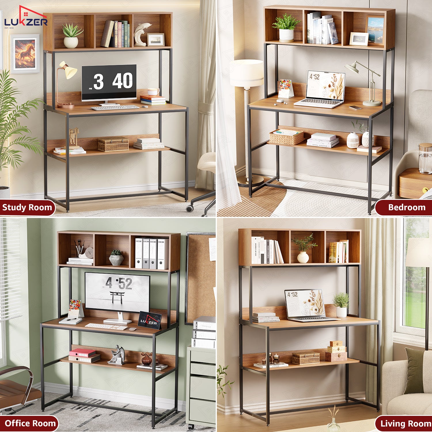 Lukzer Wooden & Metal Study Desk with 3 Storage Shelf & Open Bookshelf for Home (MST-011/Black & Oak Brown)