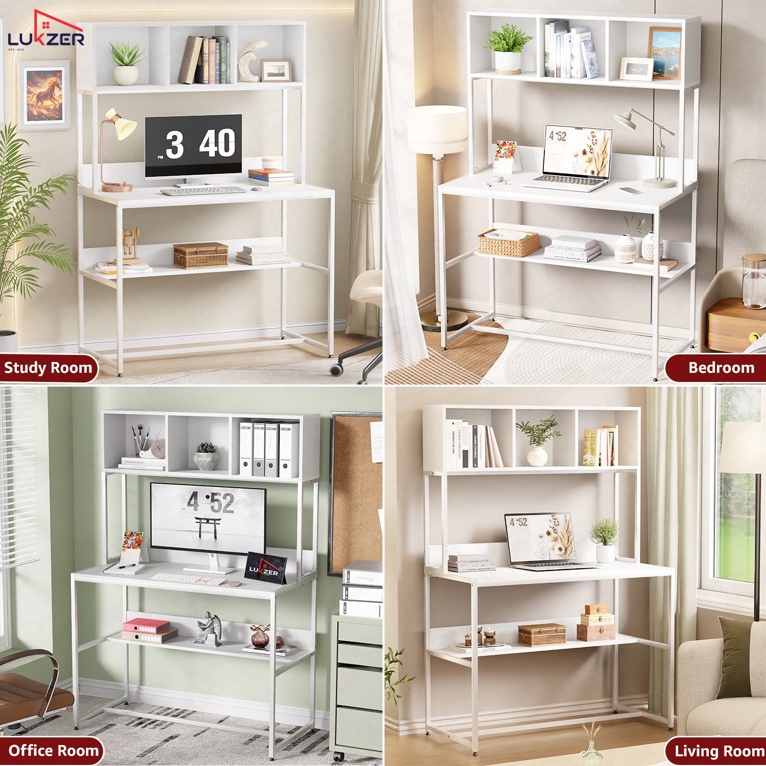 Lukzer Wooden & Metal Study Desk with 3 Storage Shelf & Open Bookshelf for Home (MST-011/White & White)
