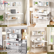 Lukzer Wooden & Metal Study Desk with 3 Storage Shelf & Open Bookshelf for Home (MST-011/White & White)